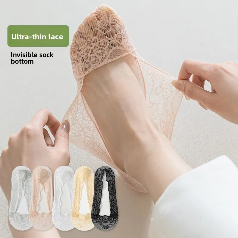 Women Lace Trim No Show Socks, Ins Trendy Summer Thin Low Cut Invisible Short Socks, Silicone Non Slip Stay Put Heel