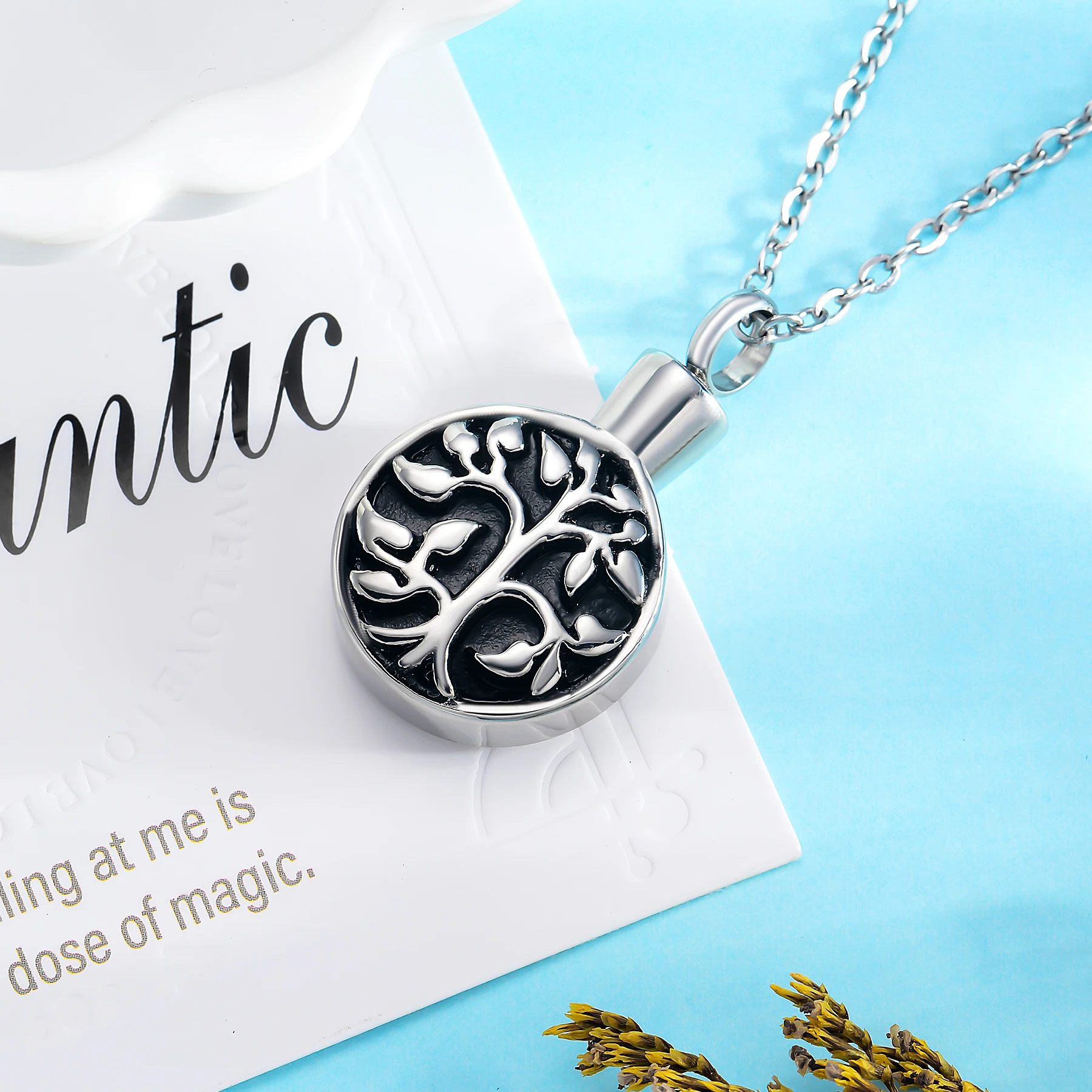 Round Life Tree Pendant Cremation Jewelry For Ashes Stainless Steel Urn Necklace Memorial Keepsake Pendant Dropshipping