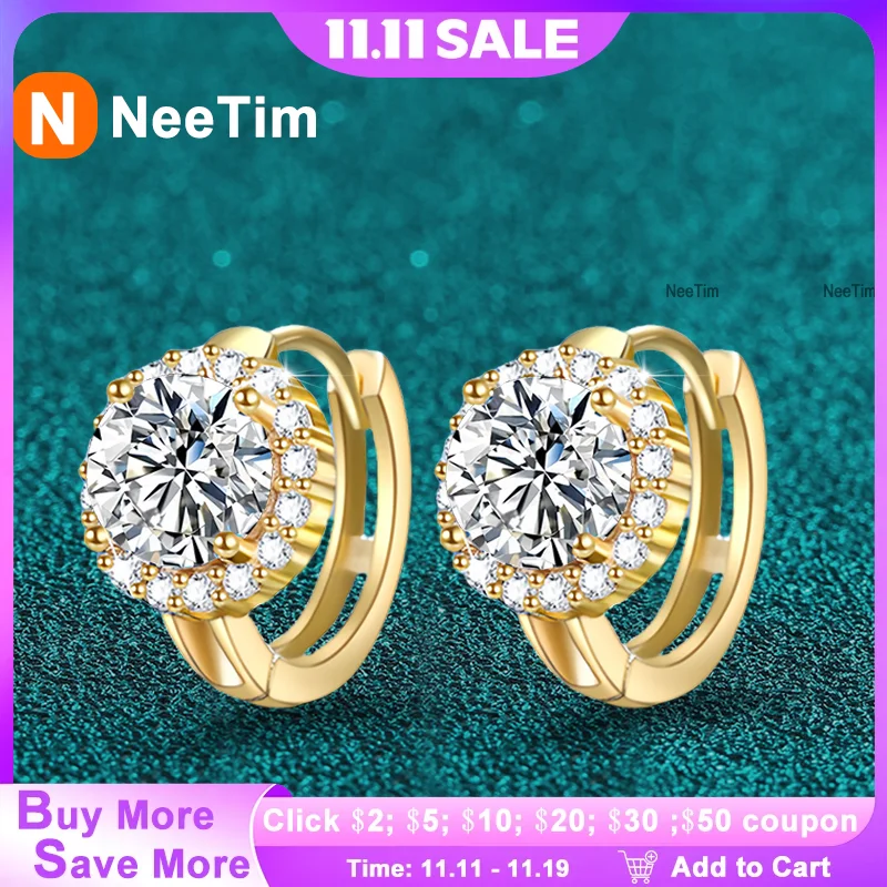 

NeeTim 0,5 карата 1 карат сверкающие муассанитовые серьги S925 серебро с покрытием из белого желтого золота серьги-кольца для свадебной вечеринки для женщин
