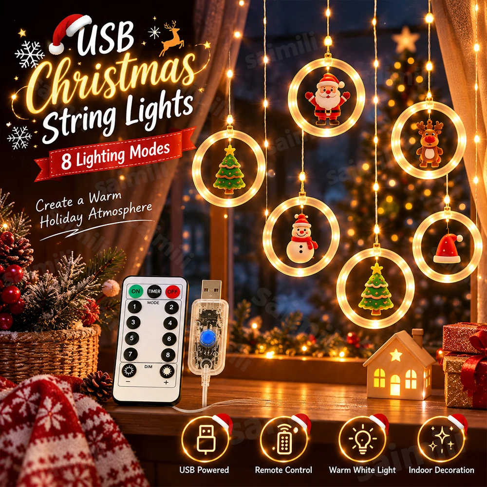 Xmas Holiday Atmosphere Curtain String Lights Santa Reindeer Snowman Tree Santa Hat Ring USB 8 Modes Remote Indoor Party Decor