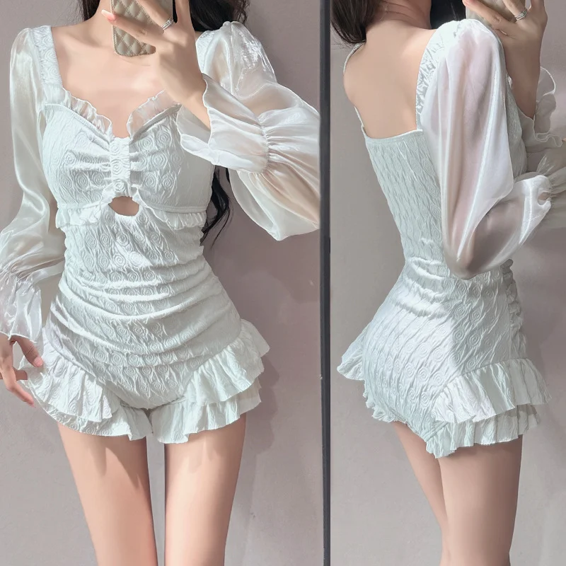 เซ็กซี่ kpop อนุรักษ์นิยมธรรมดาชุดว่ายน้ําตาข่ายชุดว่ายน้ําแขนยาว one piece สีขาว ruffles bodysuits บิกินี่น่ารักชุดชายหาด