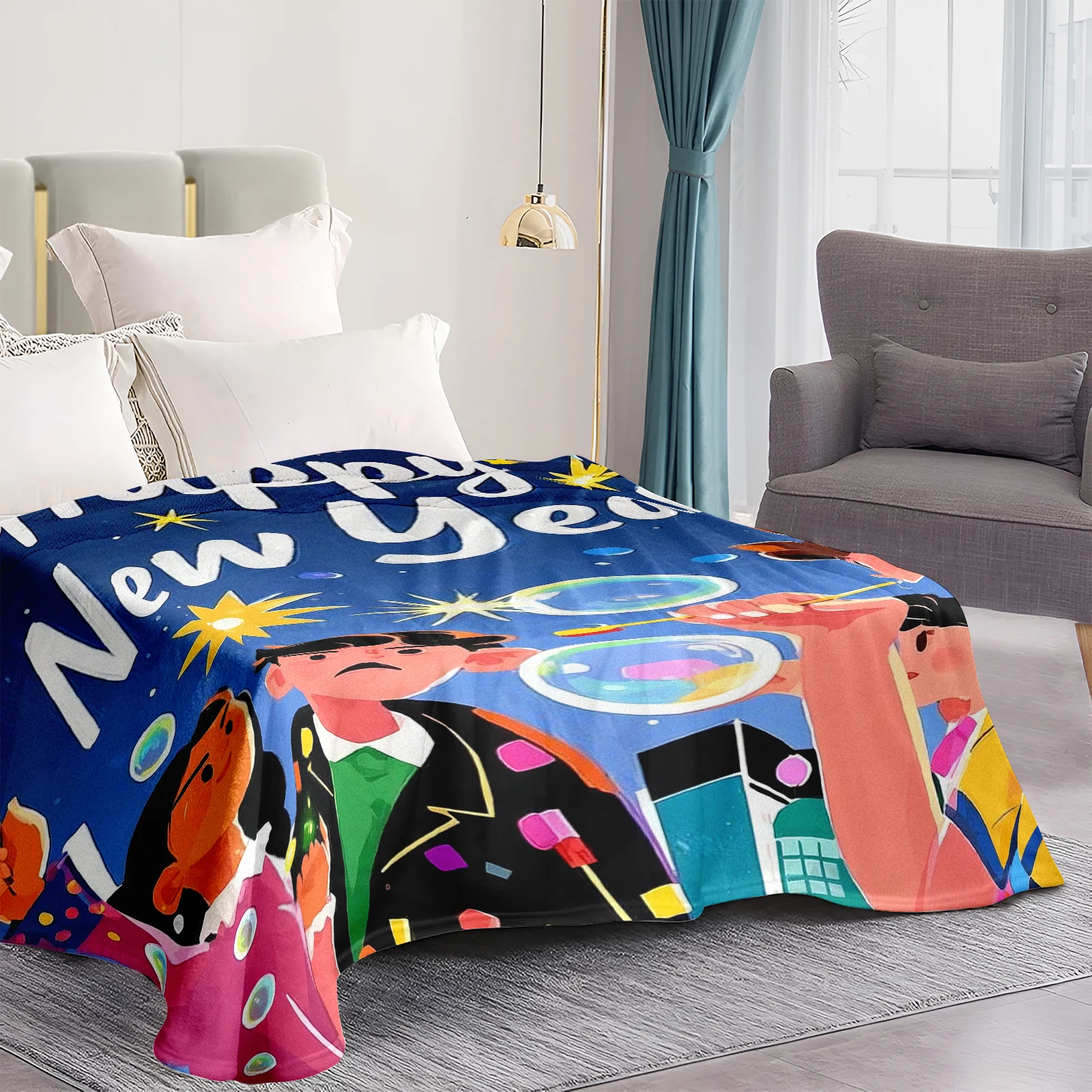 Elegant New Year Offering Flannel Blanket With Charming Cartoon Characters Plus Sincere Blessings