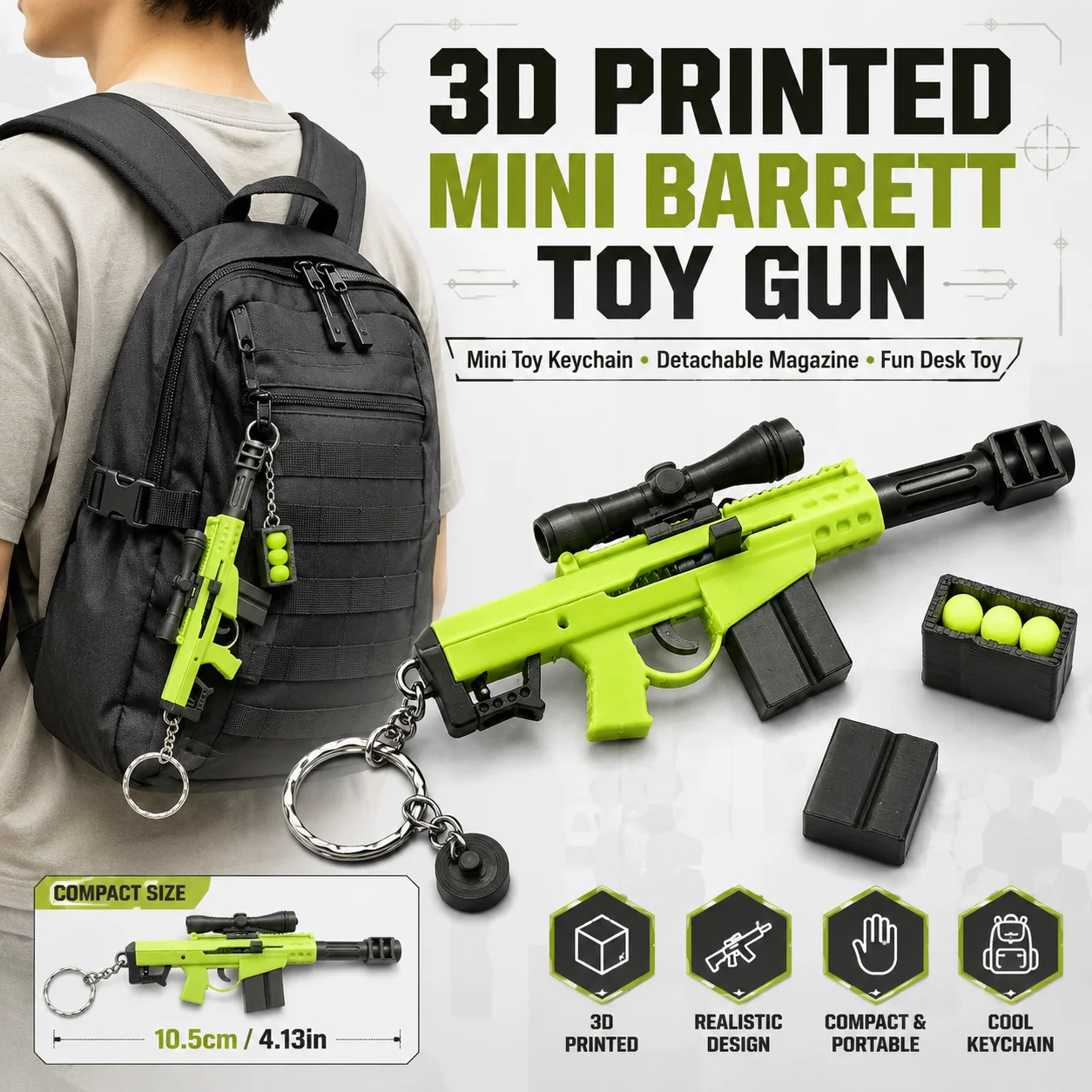 3D Printed Mini Barrett Toy Gun Keychain Detachable Magazine Creative Desk Toy Portable Backpack Pendant Collectible Gift