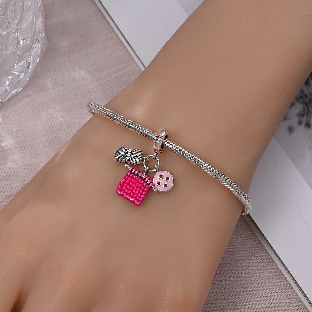 Exquisite 925 Sterling Silver Wool Handbag Spinning Lipstick Comb Scissors Charms Fit DIY Bracelet Necklace Fine Home Decor Gift