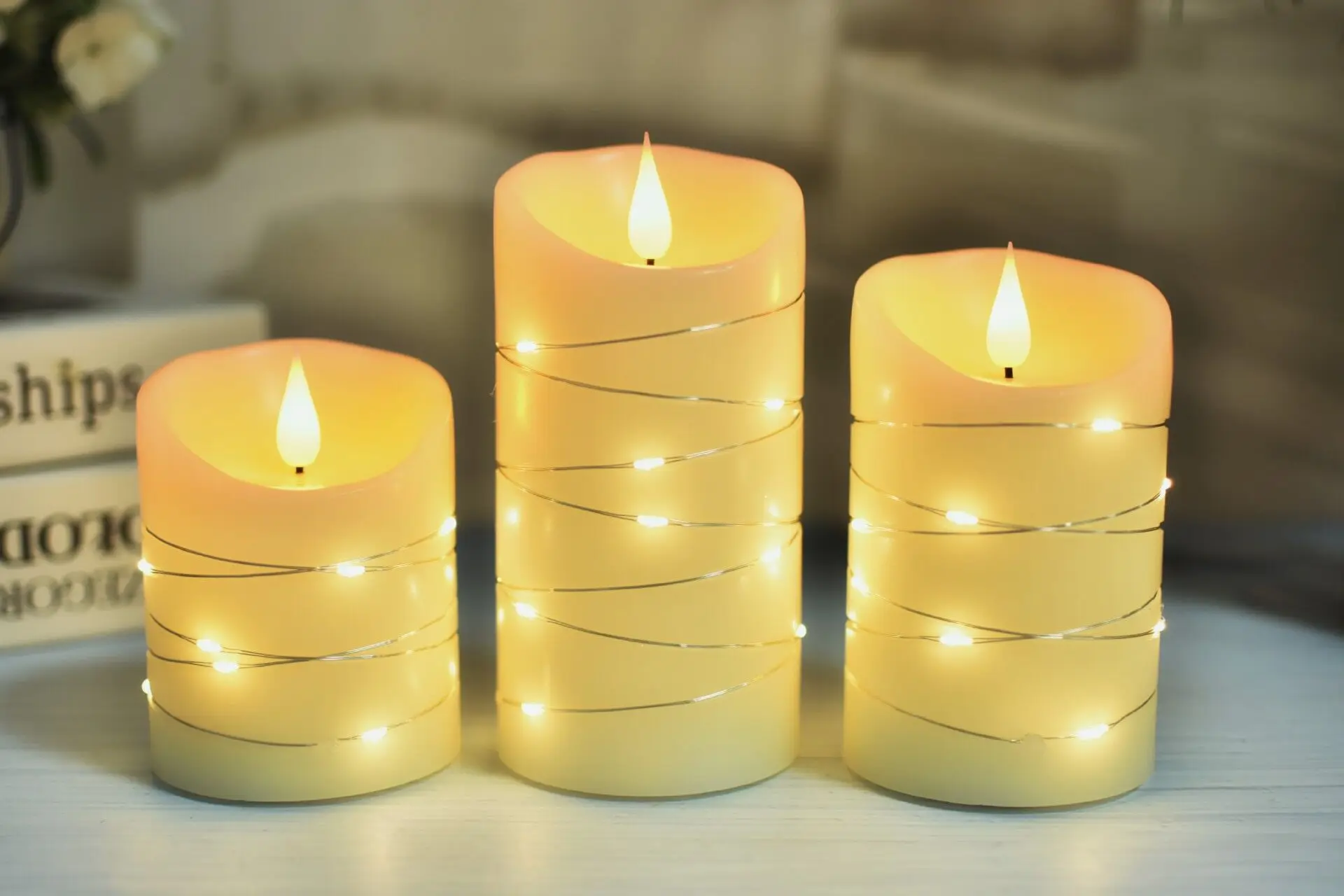 Pack of 3 Flickering Wavy edge 3D Wick Paraffin Pillar Candle Embedded Led String w/Remote control Xmas Wedding Ambient Lighting