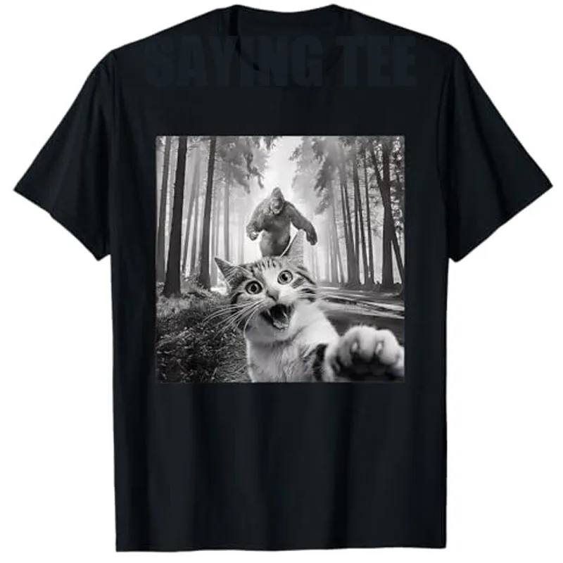 

Scared Cat Selfie with Sasquatch Bigfoot Meme T-Shirt Funny Graphic Streetwear Clothes Summer Fashion Short Sleeve Saying Tee