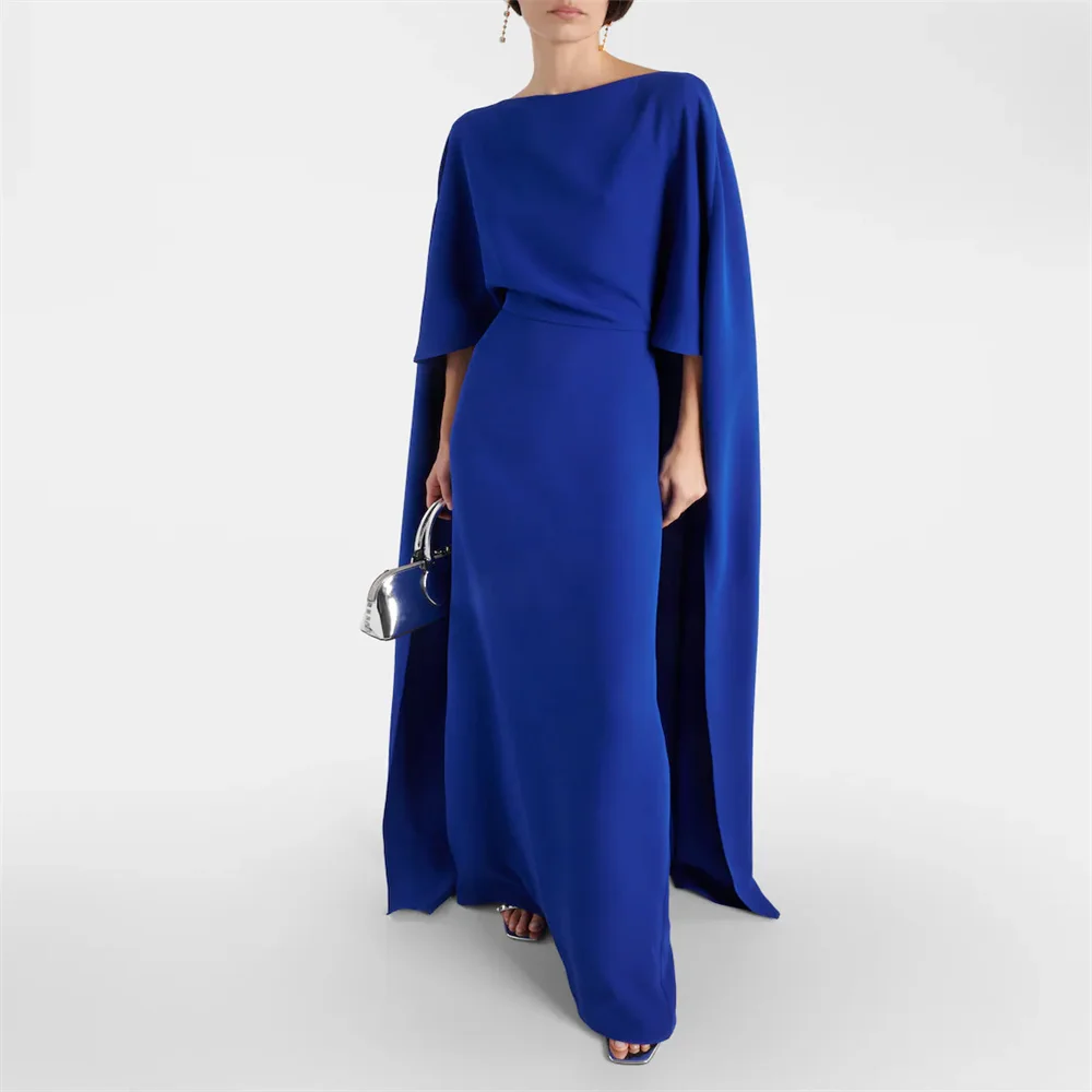 New Long Draped Cape Sleeves Satin Round Neck Structured Bodice Evening Dress Elegant Concealed Back Zipper Fastening Party Gown