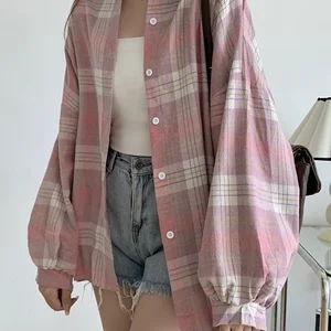 Einzigartige Brusthemd von Frauen, Langarmbluse, adretten Stil, lose kariertes Hemd, Vintage -Mode, weiblich, Herbst 6 Hauptverkäufe Frauenhemd Za - №3