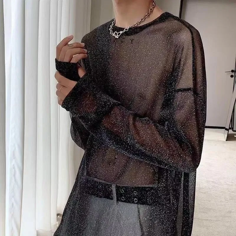 

Pure Desire Men Gilding Lace Long Sleeved T-shirt Ultra Light Sexy Transparent Mesh Loose T-shirt Party Hollow Temperament Shirt