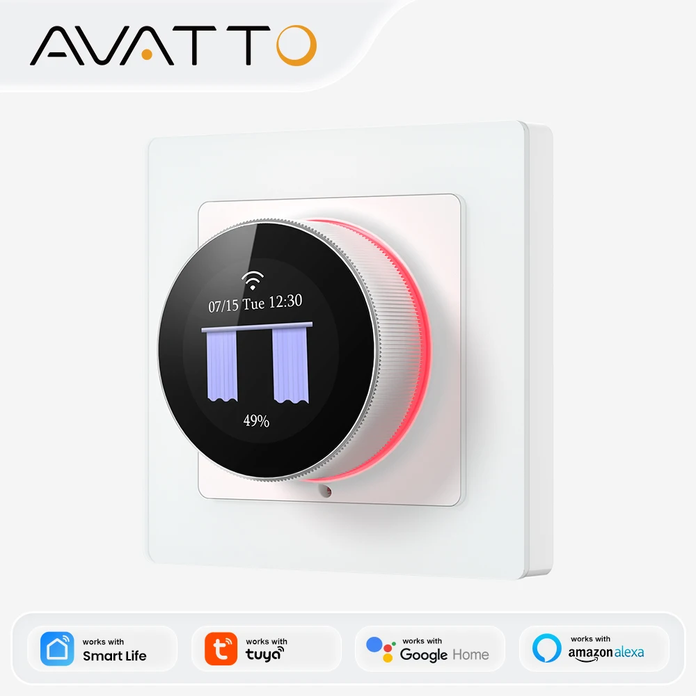 AVATTO WiFi Smart Knob Curtain Switch,Precise Percentage Control,With Ambient Light Ring,Support Tuya Alexa Google Home Alice