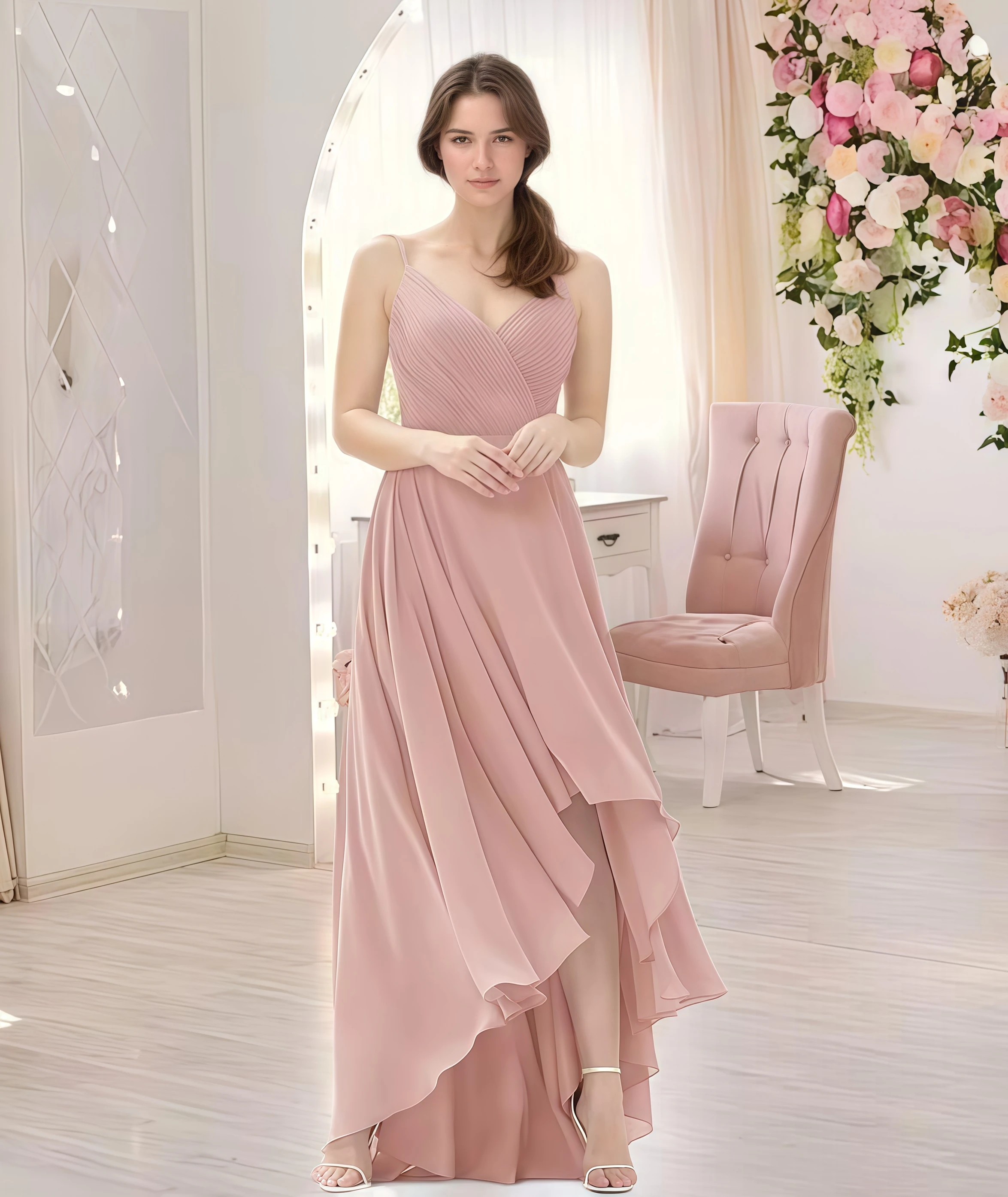 

V Neck Chiffon Bridesmaid Dresses for Women High and Low Prom Dress A Line Formal Party Evening Gown Backless