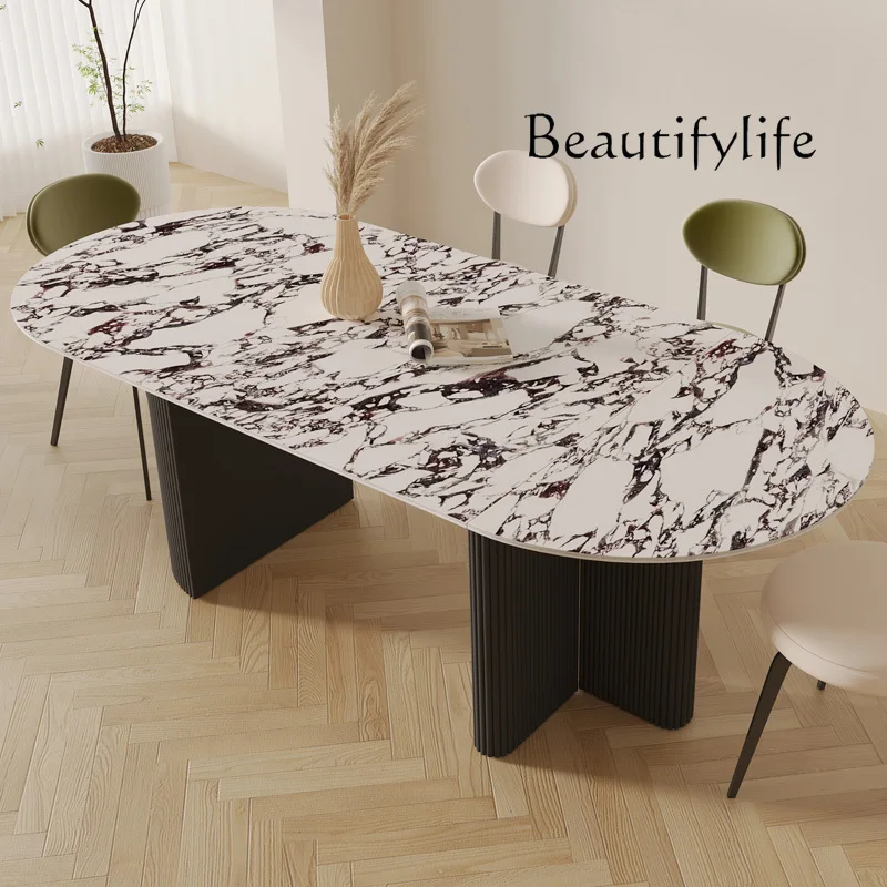 

high-end folding oval dining table and chair combination fashion Slate dining table household simple modern