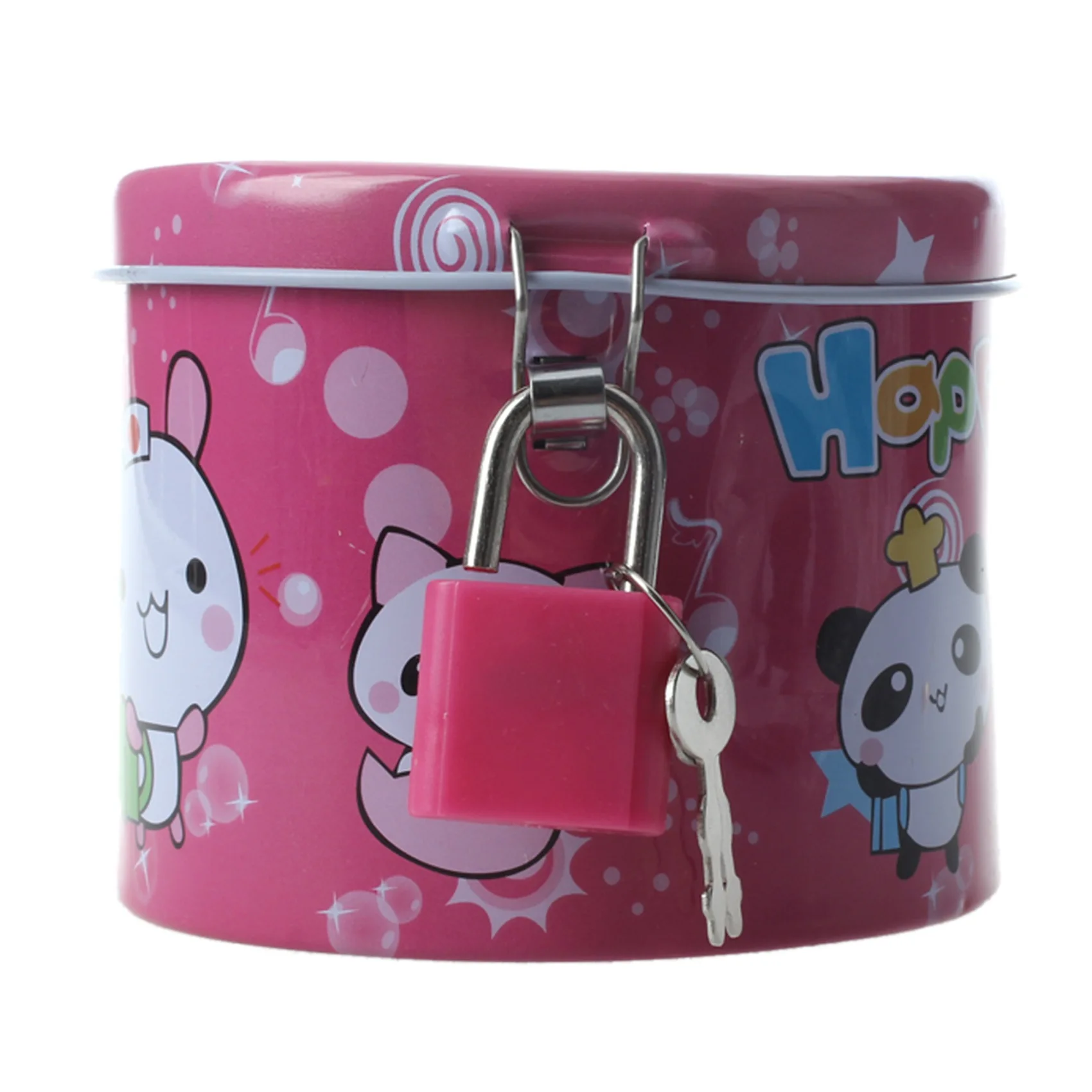 ABJN-3X Cylinder Design Cartoon Print Piggy Bank Coin Money Saving Box W Padlock