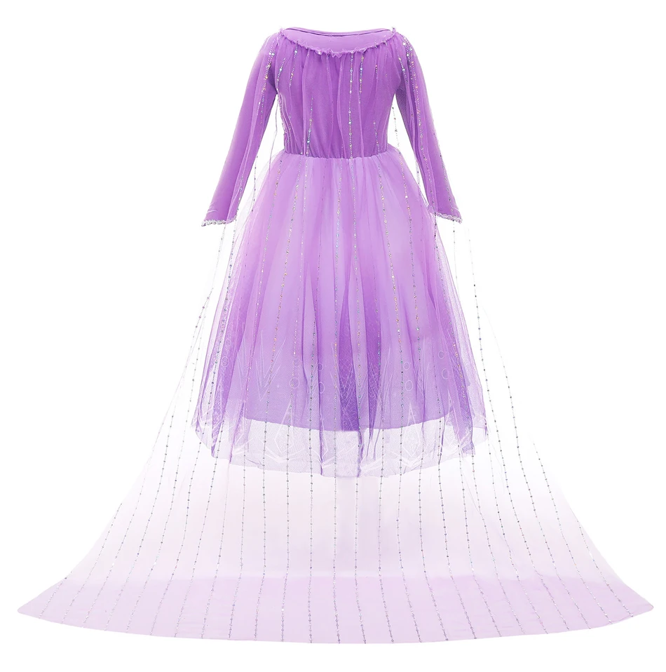 Princess Costume Elsa Dress for Girls Purple Sequin Mesh Birthday Halloween Party Kids Cosplay Snow Queen Clothes Gowns
