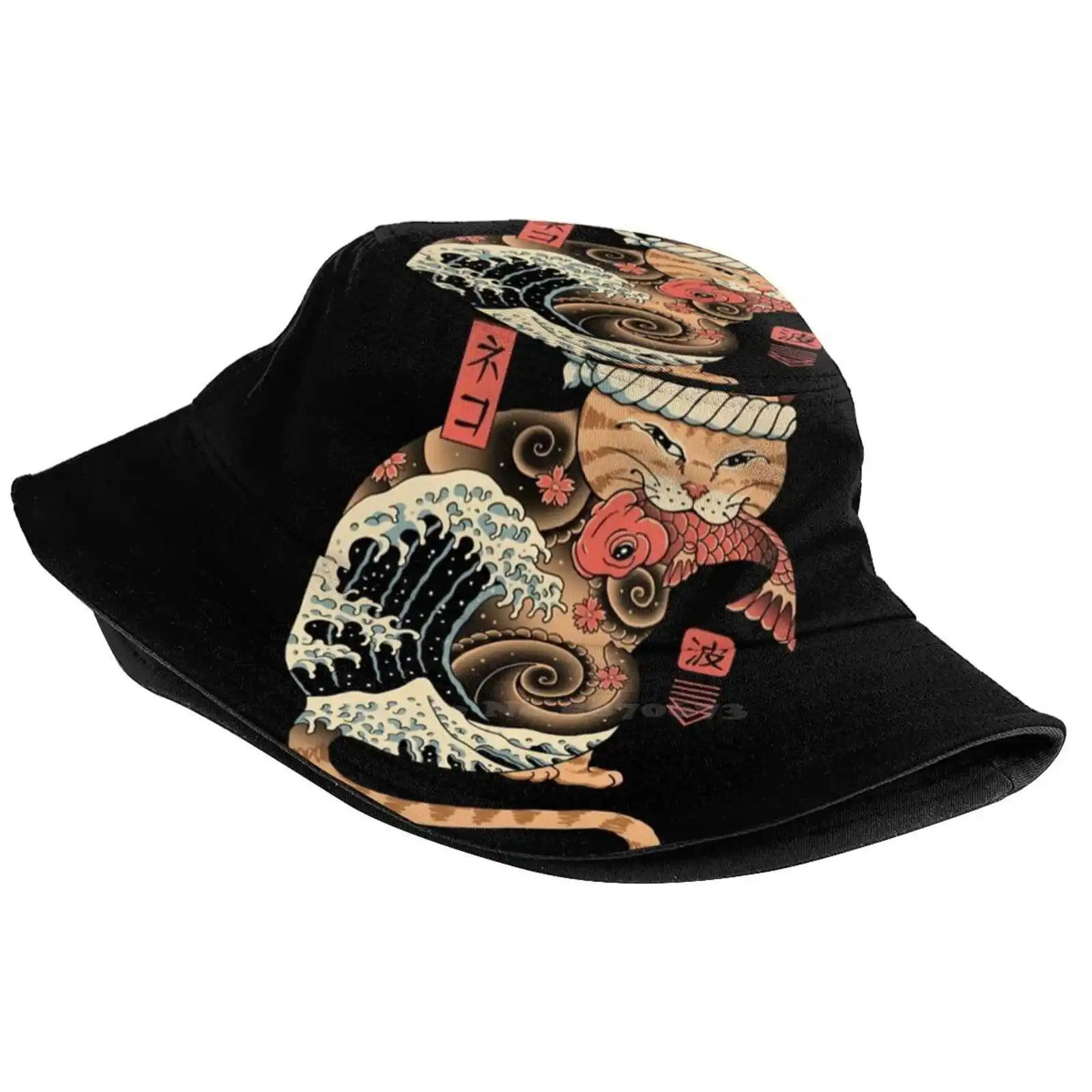 Catana Wave Pattern Design Printed Travel Bucket Hats Cats Catana The Great Wave Hokusai Animals Felines Aesthetics Tattoo