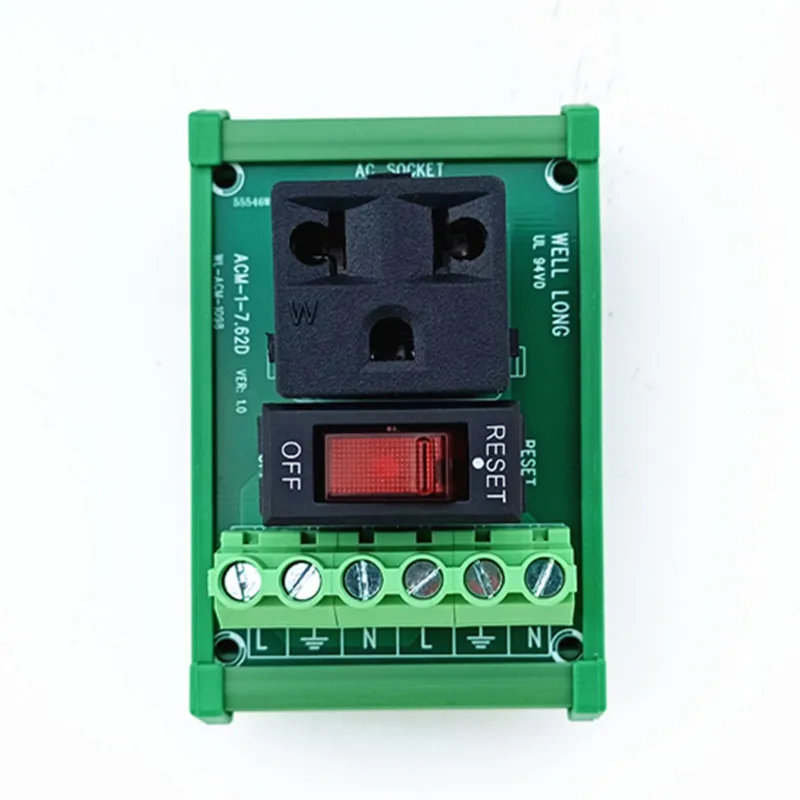 DIN Rail Mount AC 120V NEMA 5-15R Receptacle Outlet Power Module with Rocker Switch Thermal Circuit Breaker Overload Protector