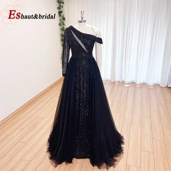 Luxury Black Bubai Evening Dress for Women 2024 One Shoulder Mermaid Pearls Formal Prom Wedding Party Gowns with Tulle Skirt