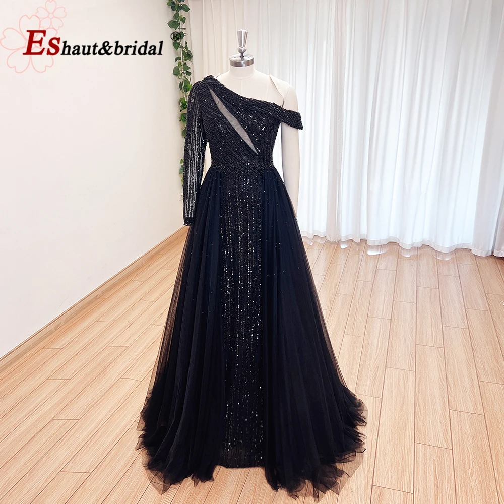 Luxury Black Bubai Evening Dress for Women 2024 One Shoulder Mermaid Pearls Formal Prom Wedding Party Gowns with Tulle Skirt