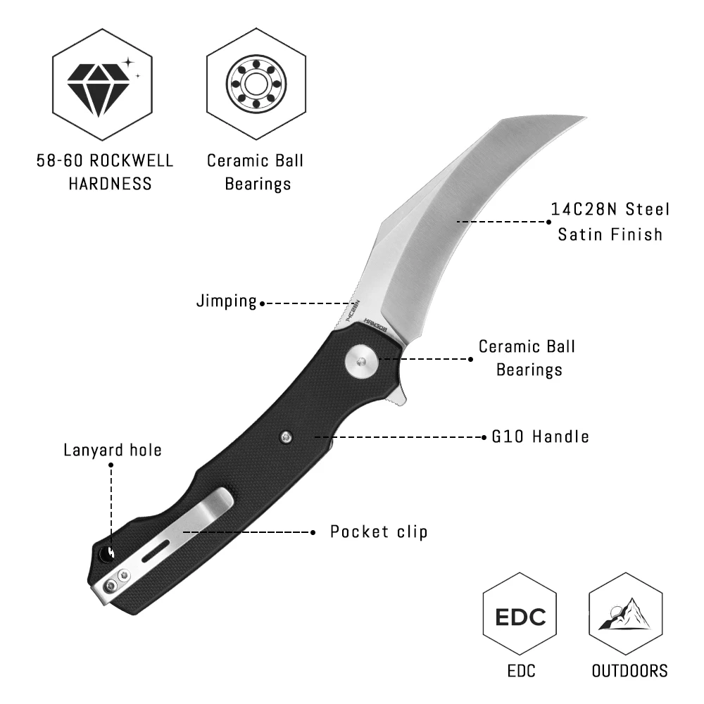 Shooziz-HAN308، سكين بيكال قابل للطي منقار الصقر للرجال EDC، شفرة زعنفة فولاذية 3.15 بوصة 14C28N، مقبض Ultem/G10 مع مشبك جيب
