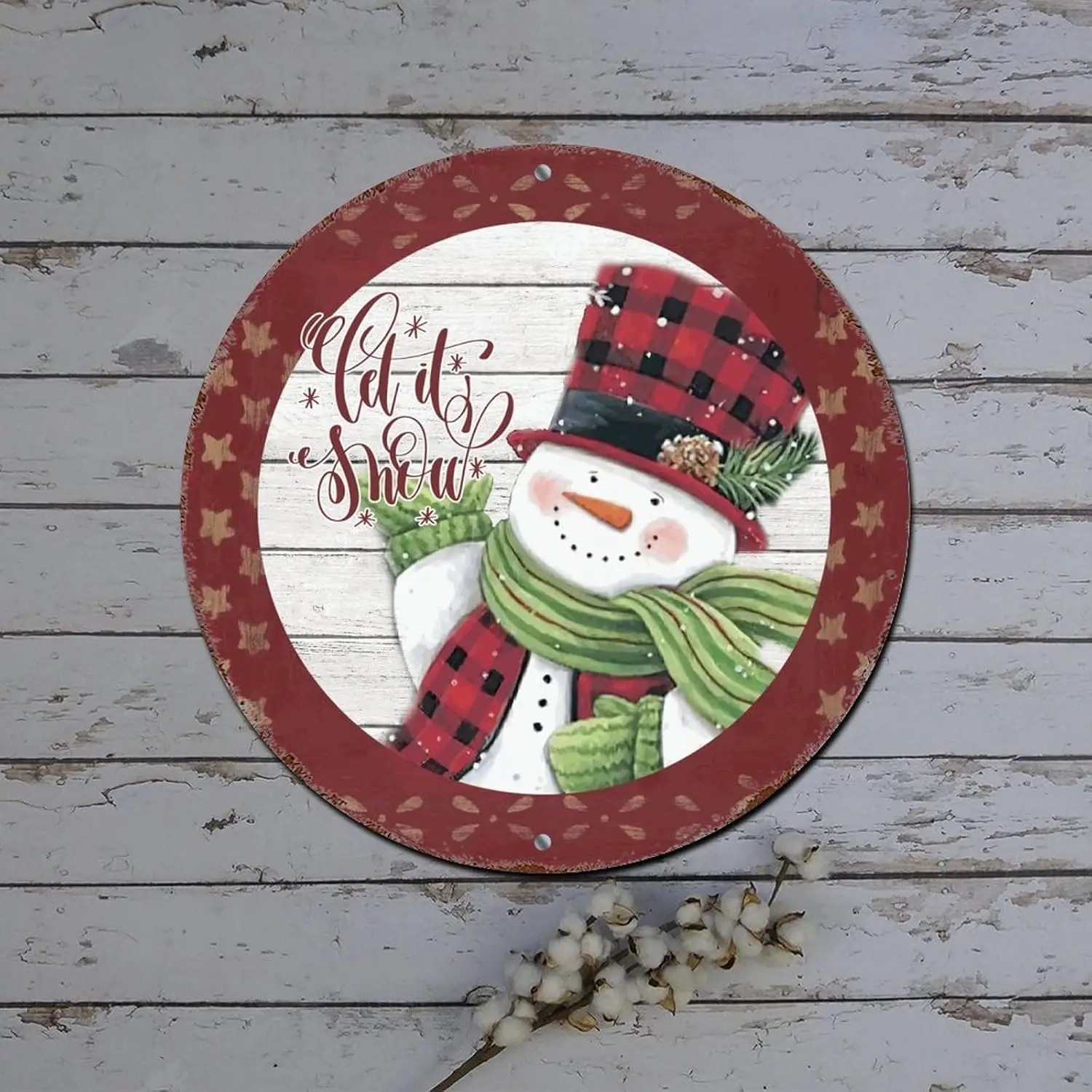 Christmas Red Truck Sign Let It Snow Snowman Star Wood Grain Round Metal Tin Sign Christmas Wall Decorations Retro Plaque Metal