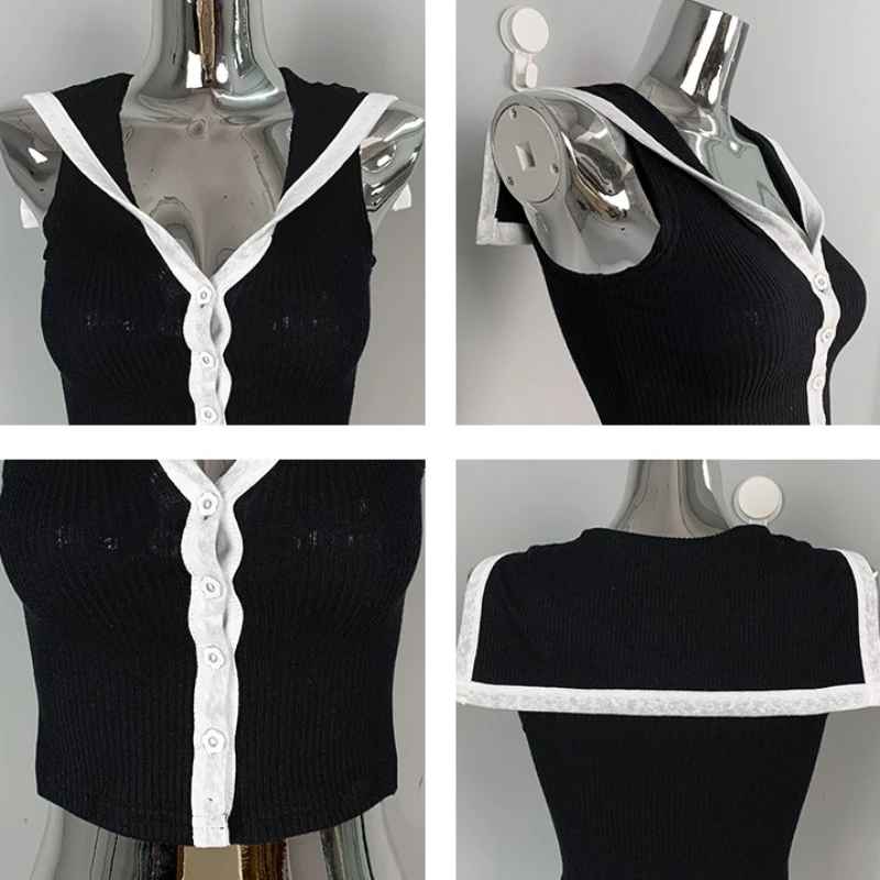 韓国 2026 夏ファッション スリムフィット ノースリーブ Tシャツ レディース カラーブロッキング 多用途 ショールTシャツ セーラーカラー クロップトップス