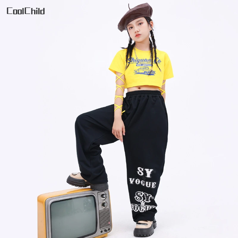 

Girls Hip Hop Crop Top Street Dance Baggy Pants Child Bandage T-shirt Loose Joggers Streetwear Clothes Sets Kids Jazz Costumes