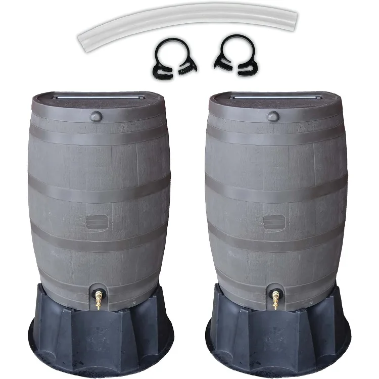 50 Gallon Flat Back Rain Barrel and Stand with Link Kit, Walnut (2 Pack)