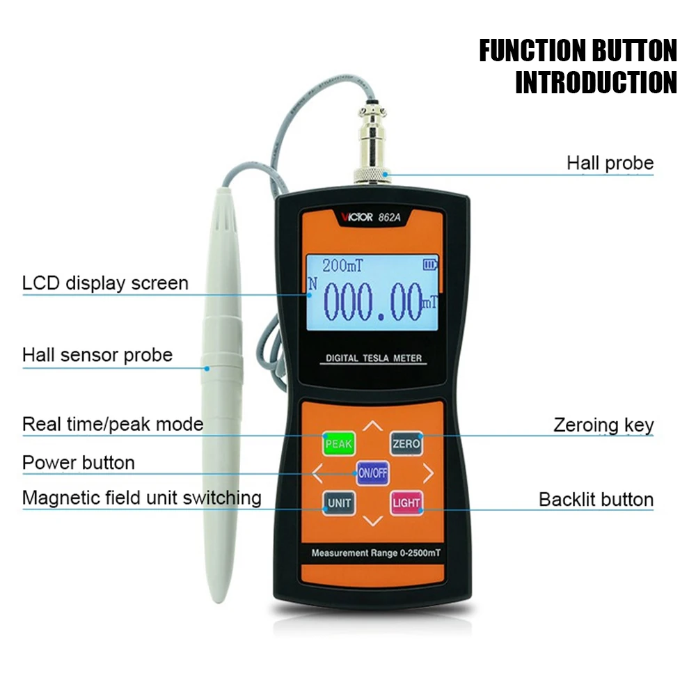 Victor 862 Digital Tesla Meter Magnetic Flux Surface Magnetic Field Tester 2% High Accuracy Handheld Permanent Magnet Gaussmeter