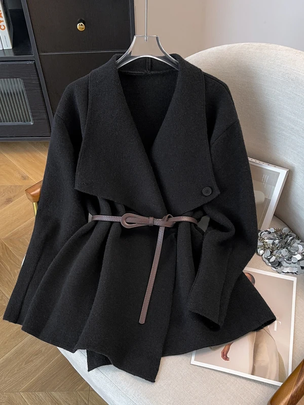 

Ele Bla V-Ne Knitted Open Cardigan Sweater Women's Early Autumn plus Size Fitted Waist Mid-Length Top