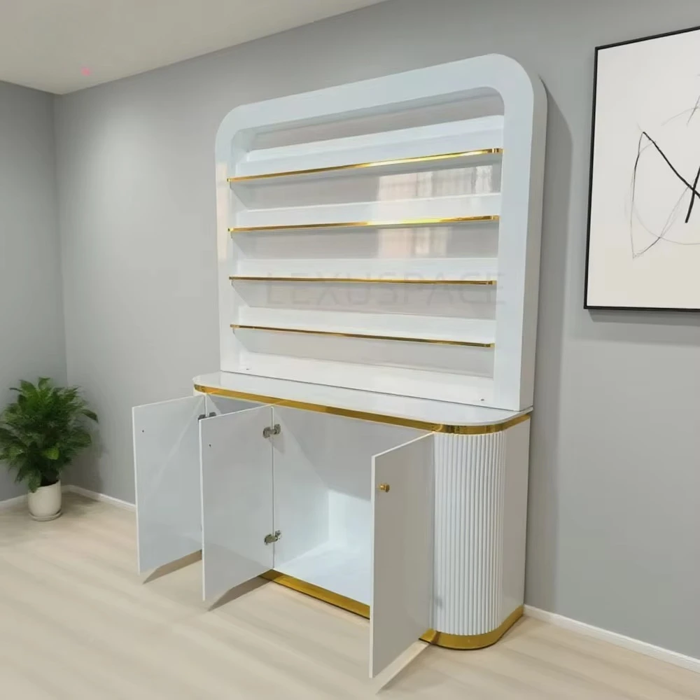 Wall Stand Rack Display Cabinet with Double Storage for Nail Salon Furniture