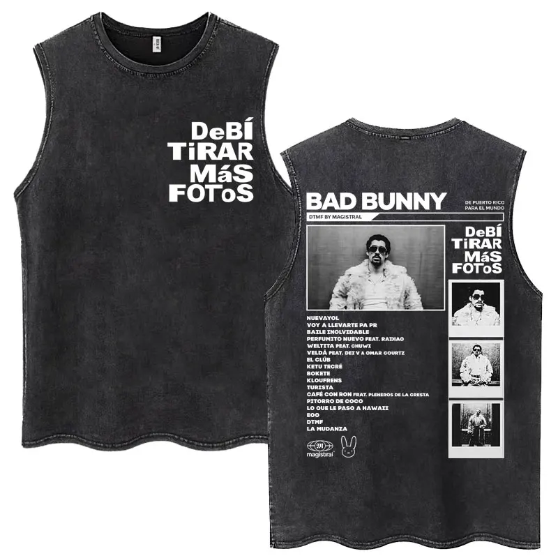 Bad Bunny Album Washed Tank Tops DTMF Debí Tirar Más Fotos Retro Hip Hop T Shirt Men's Trend Cotton Loose Sleeveless Street Tees