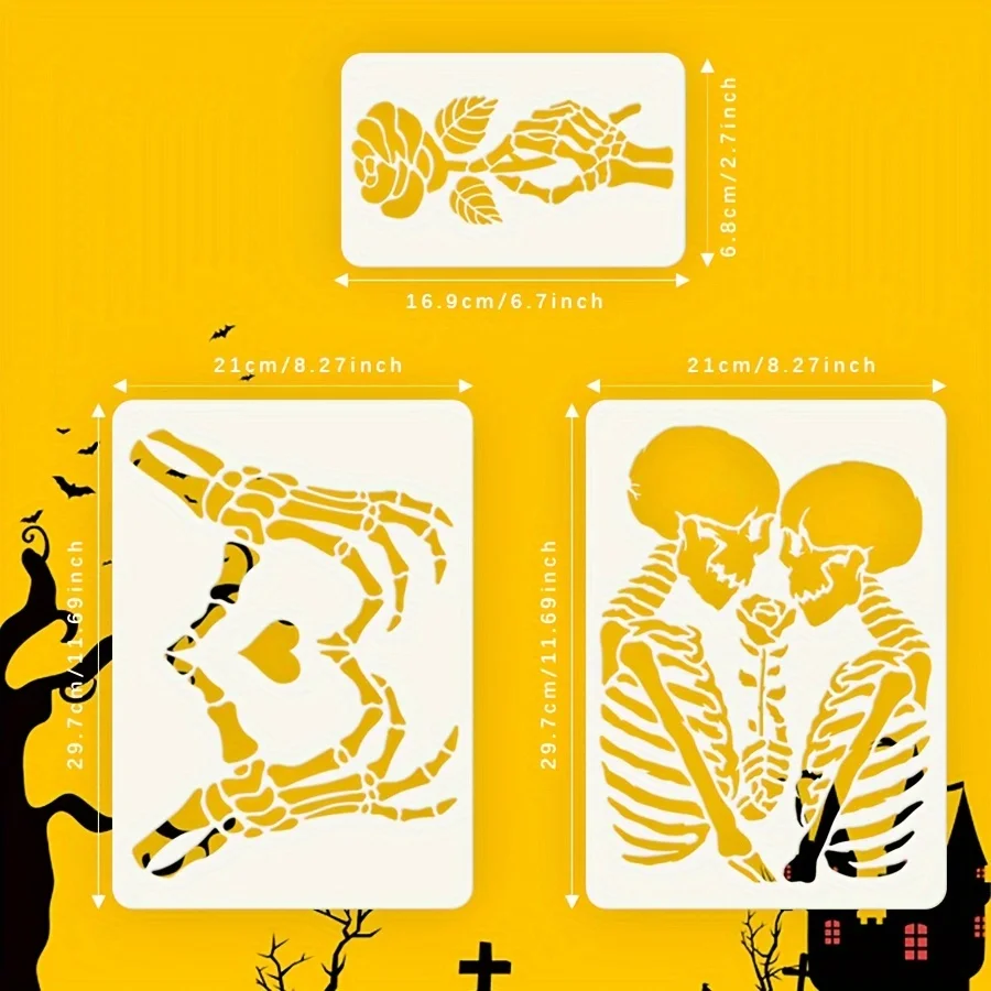 3PCS Skeleton Heart Rose Stencil Set – Reusable DIY Painting Templates for Wall Decor, Scrapbooking, Halloween Party, Gift Packa