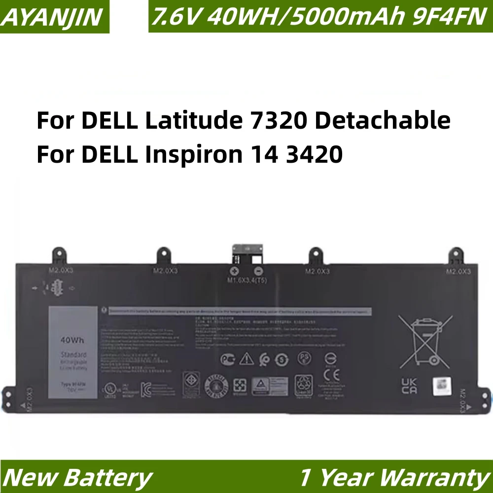 

9F4FN 7.6V 40WH/5000mAh Battery For DELL Latitude 7320 Detachable For DELL Inspiron 14 3420 Series 2VKW9 2ICP4/79/112