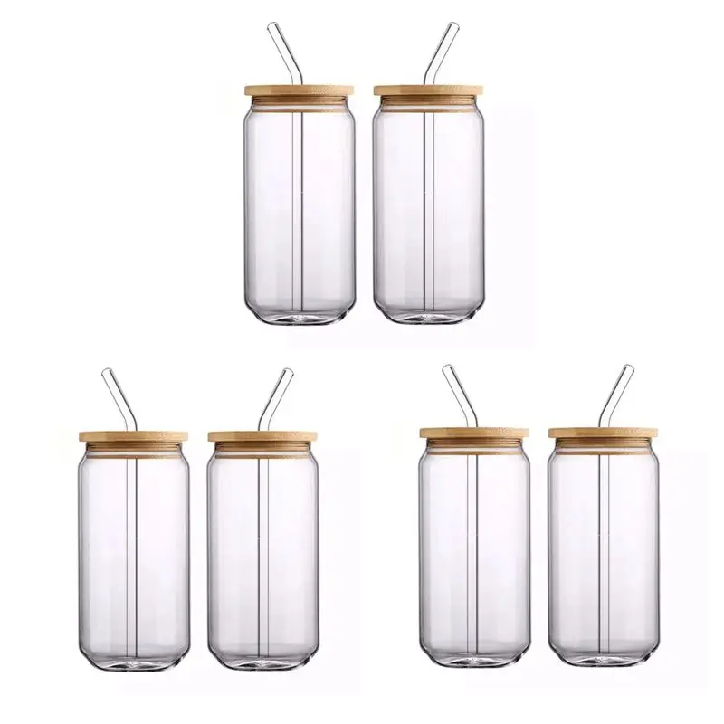 

A33Z-[Набор из 6 предметов] Стеклянные чашки с бамбуковыми крышками и стеклянной соломинкой - Стаканы для питья в форме пивной банки, стаканы для кофе со льдом на 16 унций