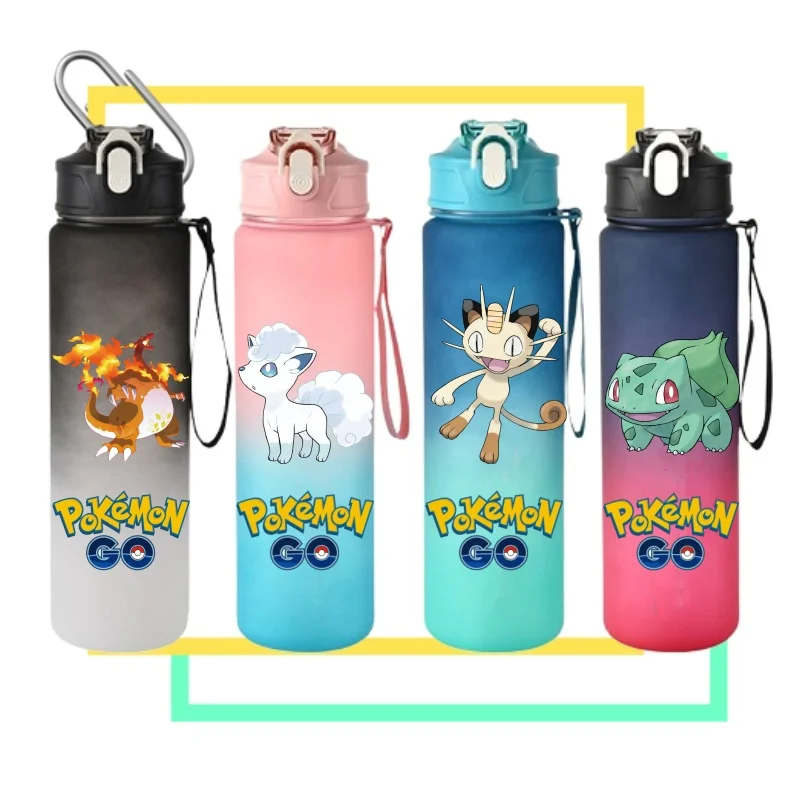 Botella de agua deportiva Pokemon de 800ML, botella de agua portátil motivacional a prueba de fugas de Color degradado para deportes al aire libre y Fitness
