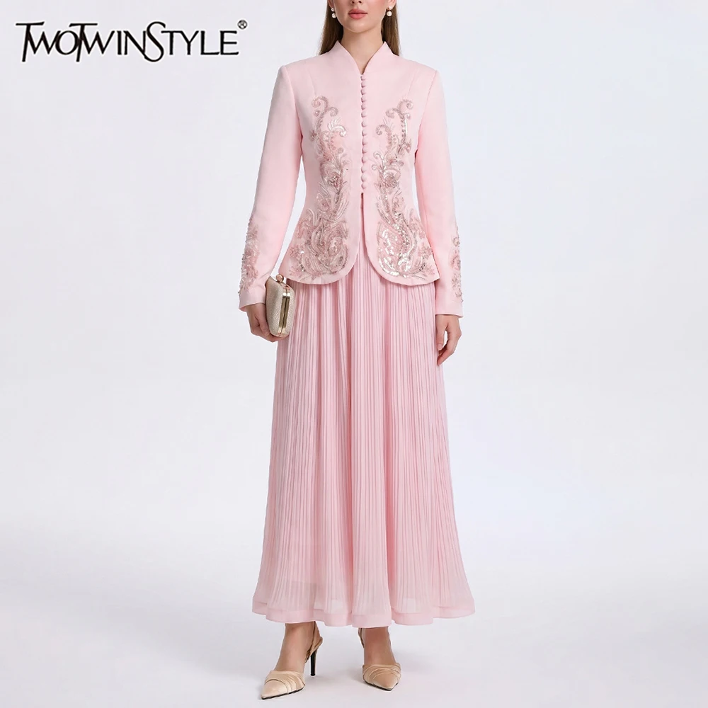 TWOTWINSTYLE Sequin Spliced Button Slim Two Piece Set for Women Stand Collar Long Sleeve Top High Waist Maxi Skirt Sets Female