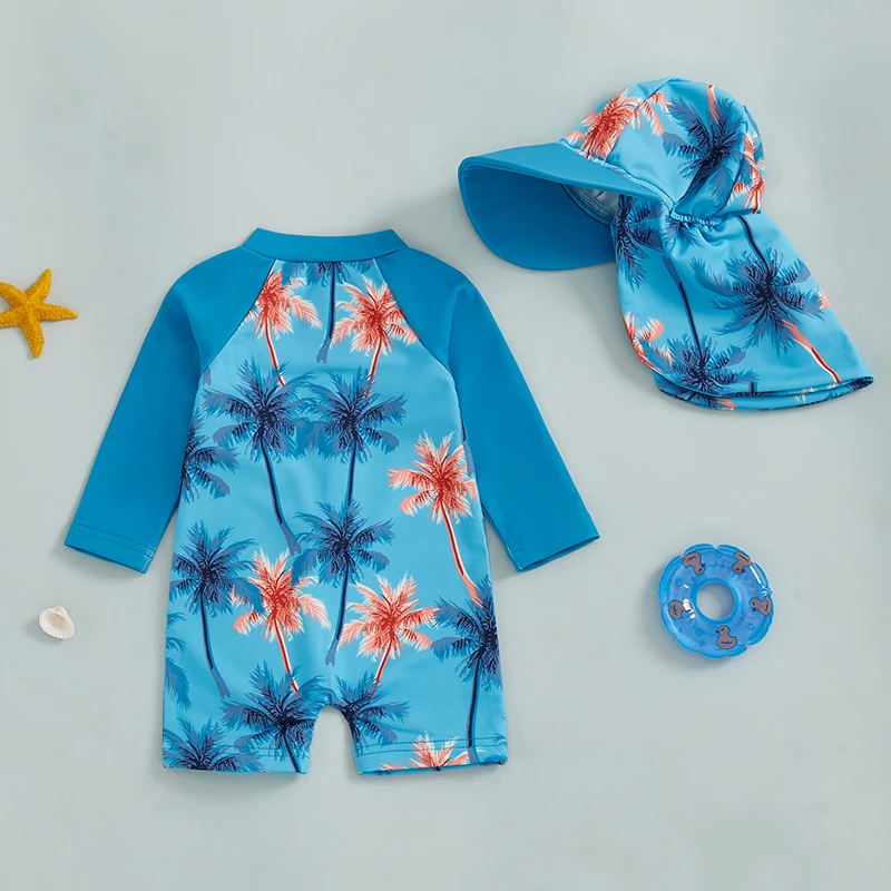 Toddler Boys Rash Guard Swimsuit Coconut Tree Print Long Sleeve Zip Bathing Suit with Swim Cap