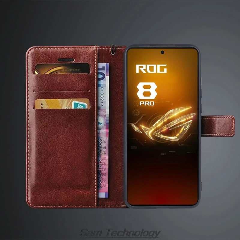حافظة حامل البطاقة لهاتف ASUS ROG Phone 8 Pro / ROG8 Pro Pu حافظة جلدية قابلة للطي محفظة ريترو حافظة هاتف Business Fundas Coque
