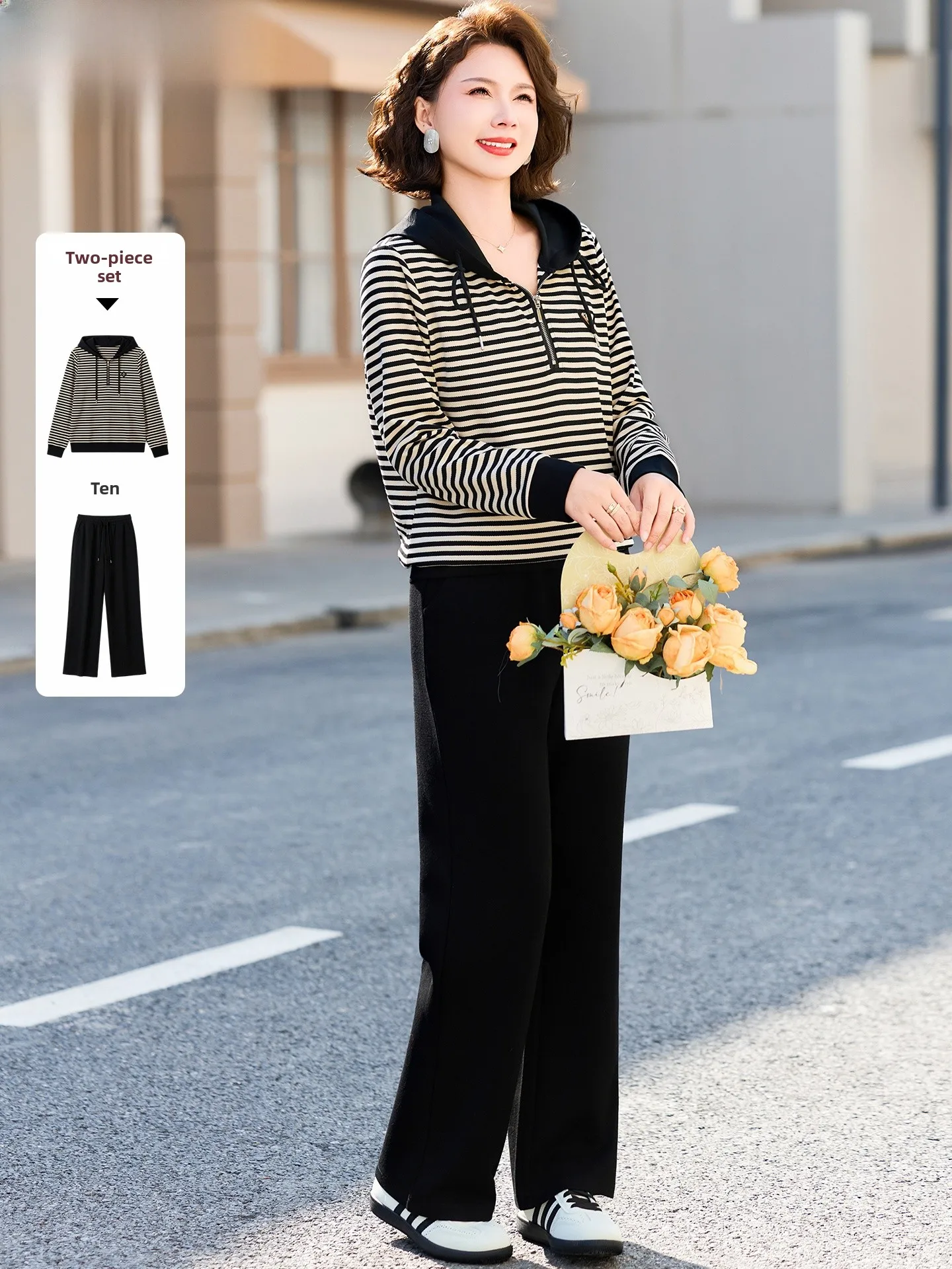 

Стильный весенний спортивный костюм для мам: комплект из двух предметов с худи на длинном рукаве, теплая одежда для женщин среднего возраста из полиэфирного волокна