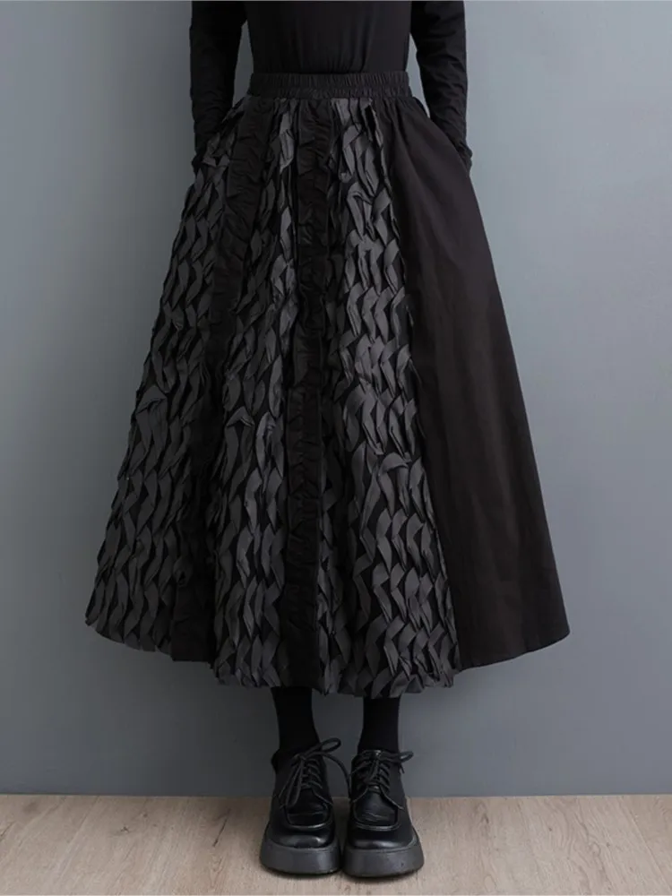 Oversized High Waist Autumn Long Skirt Women Patchwork Fashion Loose Ruffle Pleated Ladies Skirts Casual Black Woman Skirt 2023