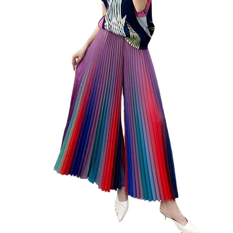 ALSEY Women\'s Gradient Pleated Rainbow Pants Autumn Spring Summer New Streetwear Loose Fashion Wide Leg Flare Trousers Clothing