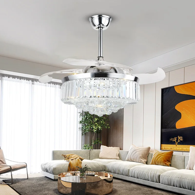 Modern Luxury Crystal Ceiling Fan Light Nordic Invisible Fan Lamp Living Room LED Chandelier Light Electric Fan Reversing Motor