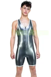 Men's fashion 100% Latex Rubber Leotard with White Trims Unique Short Jumpsuits Cool Rompers Customized with Front Crotch