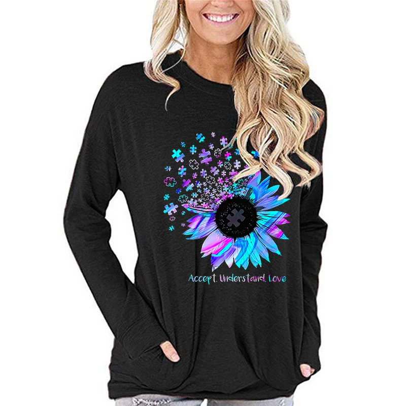 Women's Long Sleeve T-shirt Colorful Autism Awareness Design Classic Tops Flower Autism Awareness Slogan Long-sleeved T-shirts