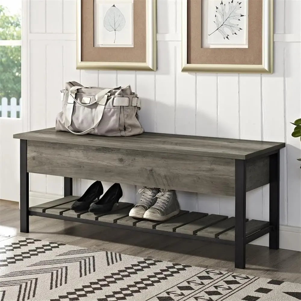 Modern Farmhouse Entryway Bench Shoe Storage Open-Top Hallway Organizer, 48 Inch, in Rustic Gray Wash