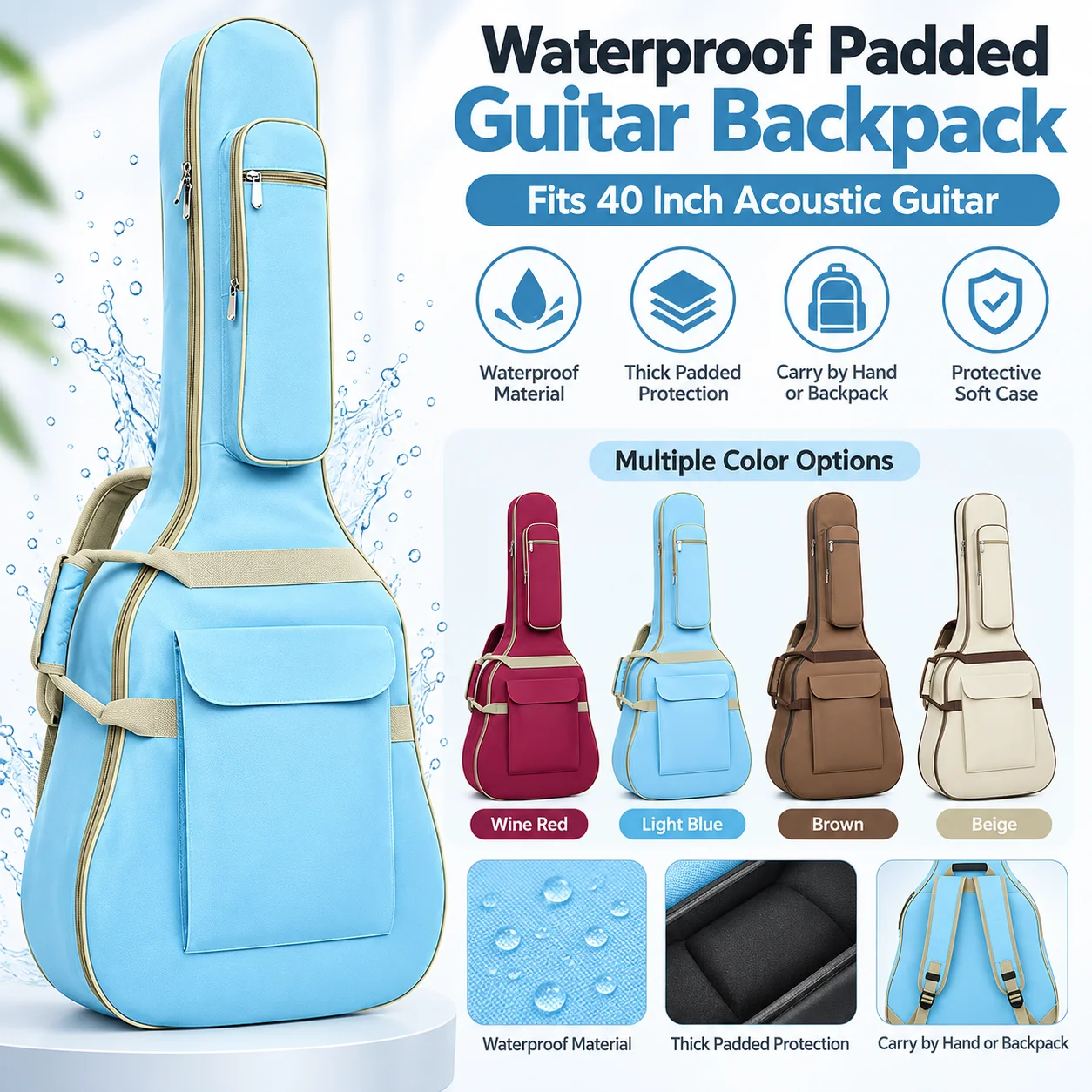 40 Inch Acoustic Guitar Bag Waterproof Padded Guitar Backpack Adjustable Shoulder Strap