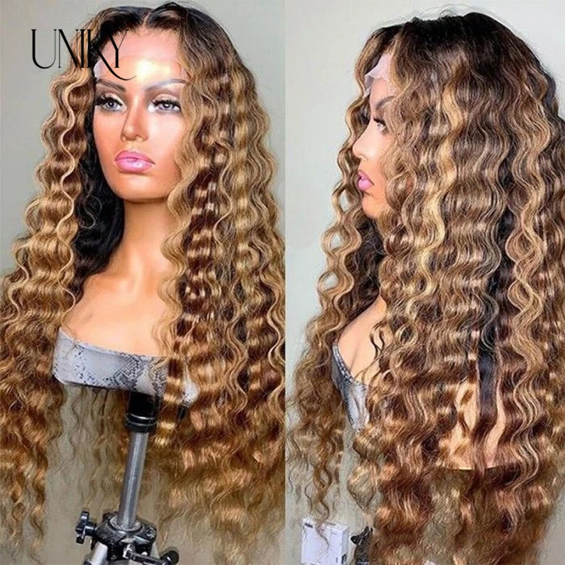 

30 34 Inch Highlight Ombre Lace Front Wig Curly Human Hair Wigs Honey Blonde Colored HD Deep Wave Frontal Wigs For Black Women