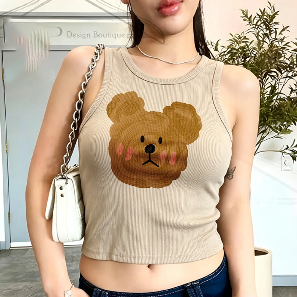 Harajuku Y2K Soft Girl Warm Tone Blush Fluffy Bear Print Women Ribbed Crop Tank Sweet Daily Street Camiseta Mujer Crop Tops