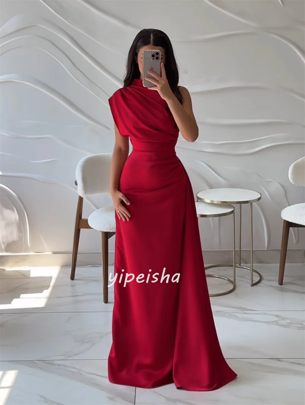 Customized Modern Style Simple Ruched Straight Scoop Neck Long Dresses Bespoke Occasion Dresses Sizes Available High Quality