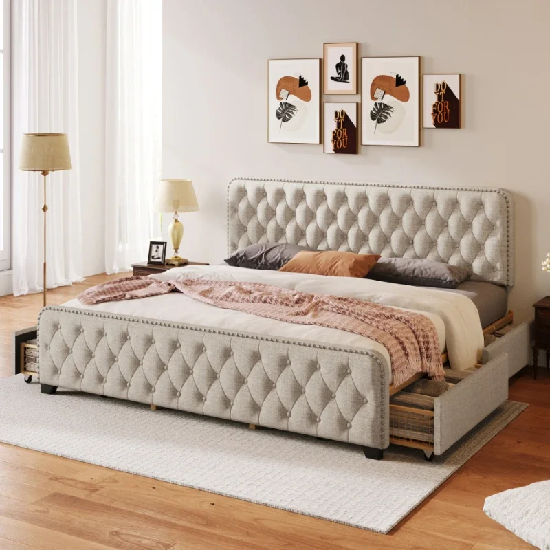 

Beige Upholstered Platform Bed Frame with Four Drawers, Button Tufted Headboard and Footboard Sturdy Wood Slat Support, KING